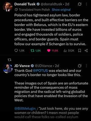 Donald Tusk on X: Poland has tightened asylum laws, border barriers ... Spain must follow our example if Schengen is to survive.