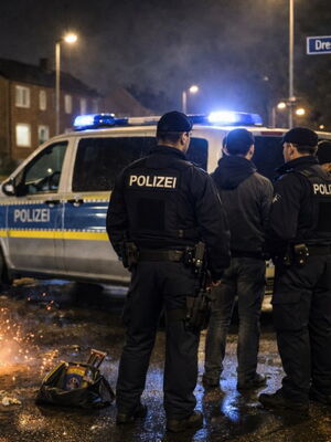 Symbolbild KI generiert, Polizisten kontrollieren Jugendliche in einer Kleinstadt, Dresdner Str. sthe auf dem Straßenschild