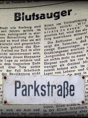 Zeitungsartikel mit Überschrift "Blutsauger" und Straßenschild "Parkstraße"