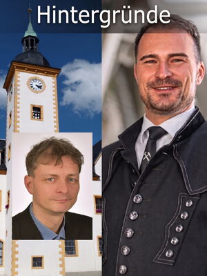 Freiberg Rathaus links, neuer Oberbürgermeister rechts im Bild, Schriftzug "Hintergründe"