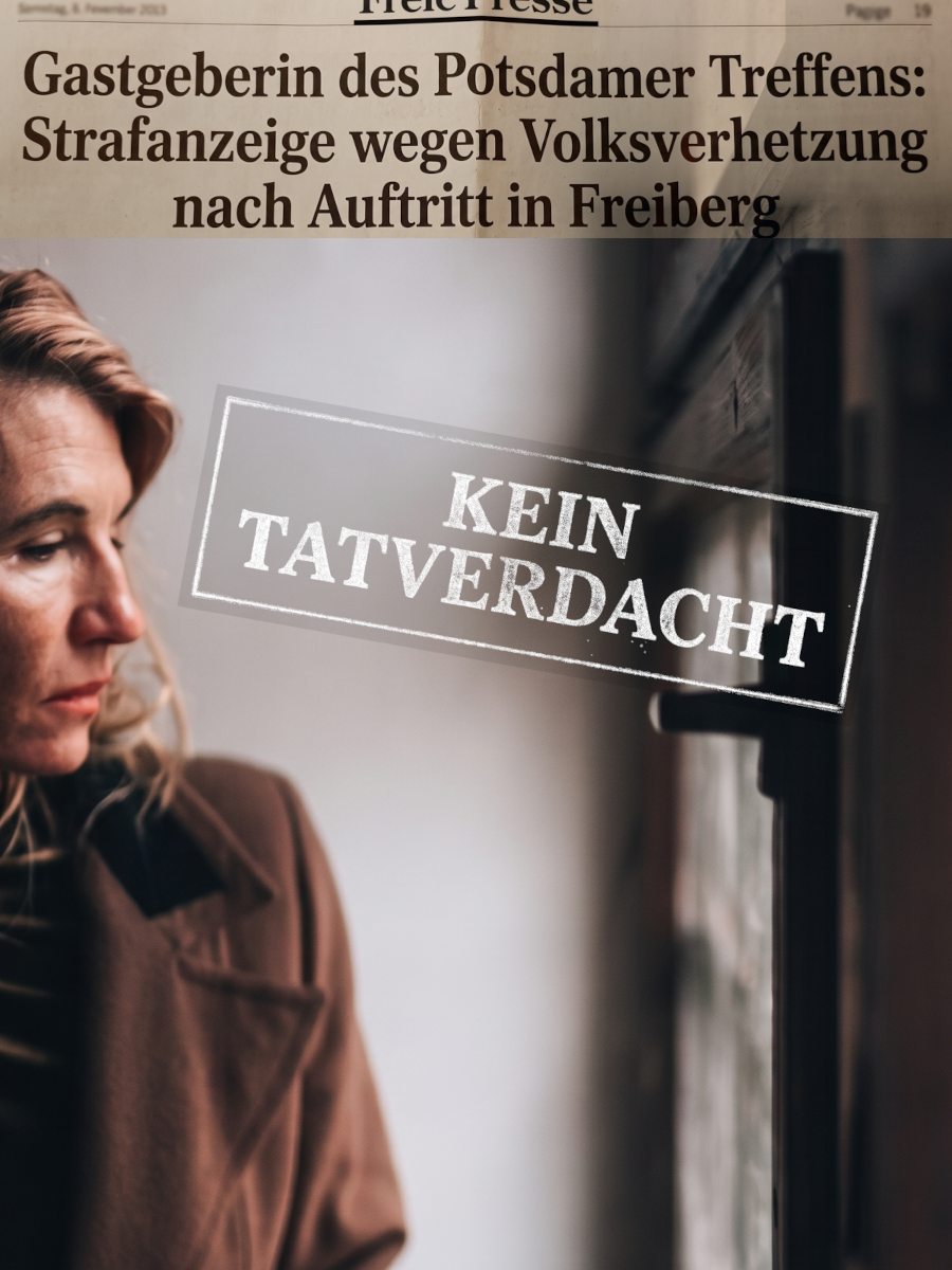 Foto von Mathilda Huss, Schlagzeile „Strafanzeige wegen Volksverhetzung“ und Stempel „Kein Tatverdacht“