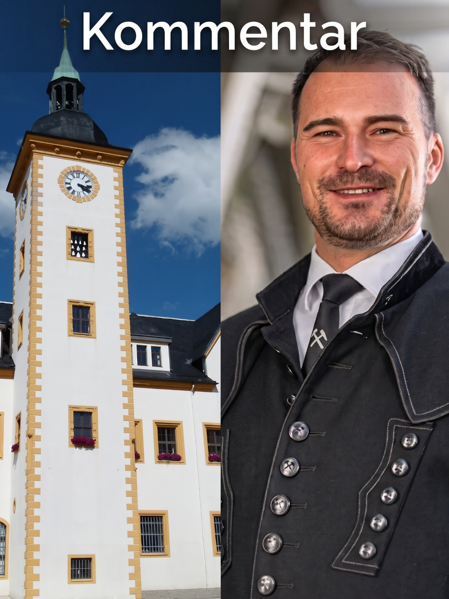 Freiberg Rathaus links, neuer Oberbürgermeister rechts im Bild, Schriftzug "Kommentar"