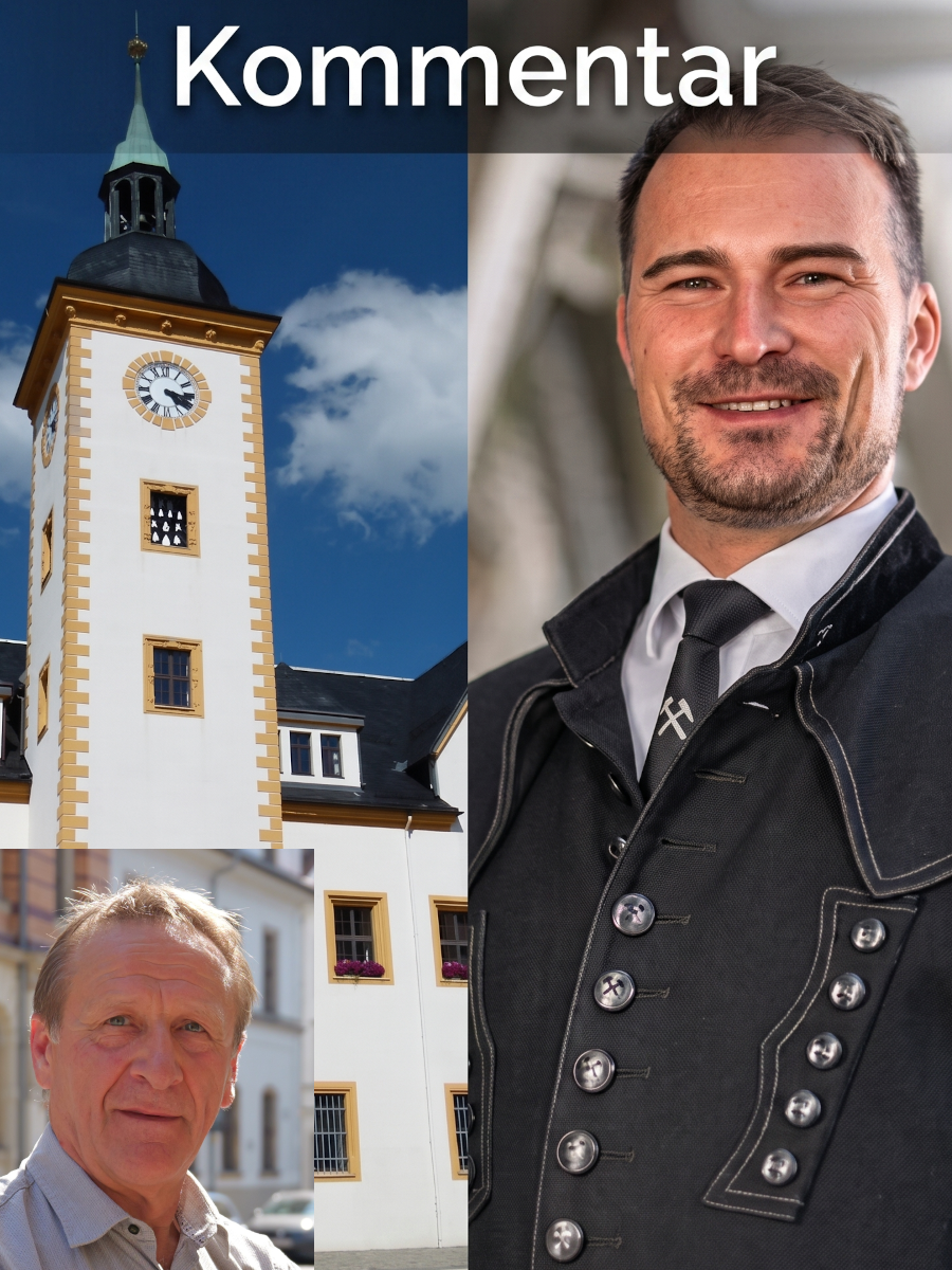 Philipp Preißler und das Freiberger Rathaus, darauf der Schriftzug "Kommentar" und das Portrait Jens Uhlemanns