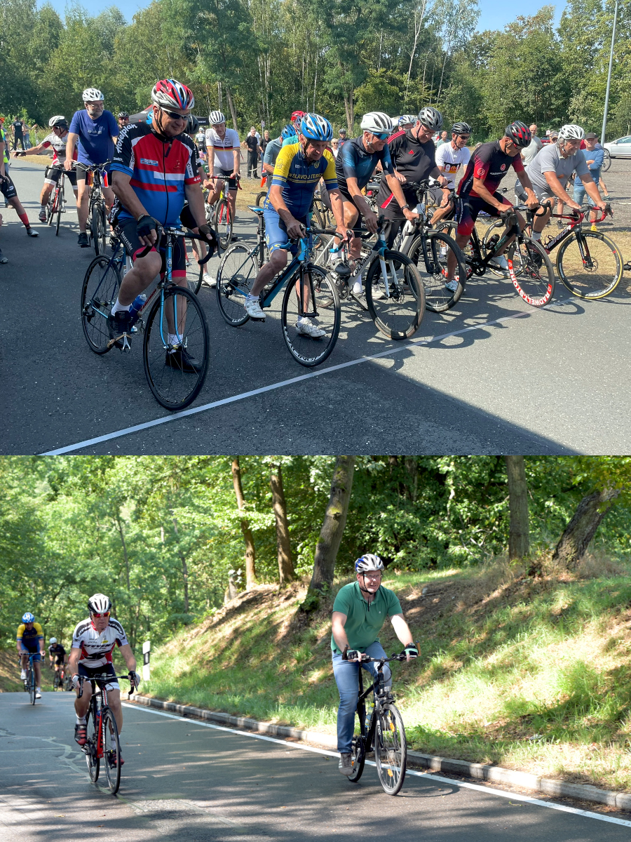 Radfahrer am Start (Bild oben), drei Radfahrer beim Bergauffahren (Bild unten)
