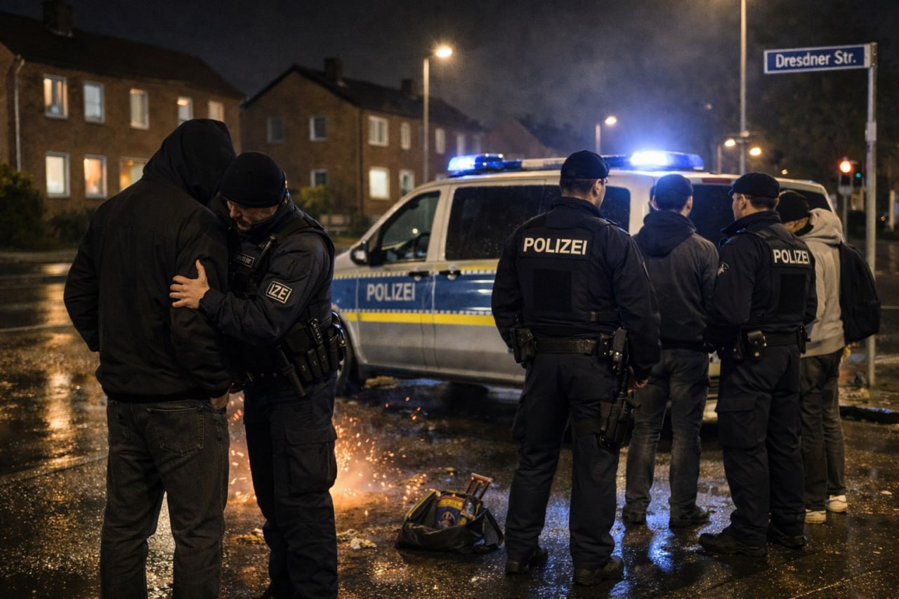 Symbolbild KI generiert, Polizisten kontrollieren Jugendliche in einer Kleinstadt, Dresdner Str. sthe auf dem Straßenschild