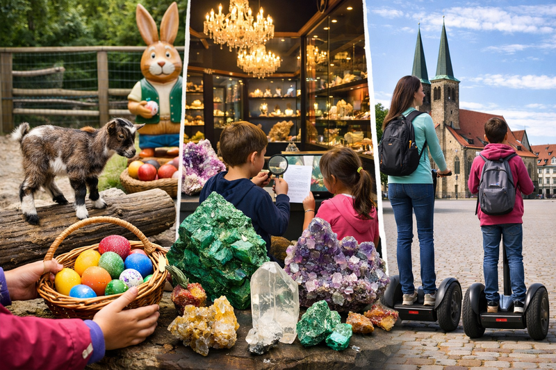 Eier und Osterhasen, Kinder die gucken, Mutti und junge fahren Segway